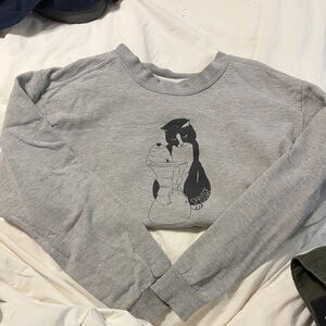 Grey Graphic Sweatshirt with Cat Design